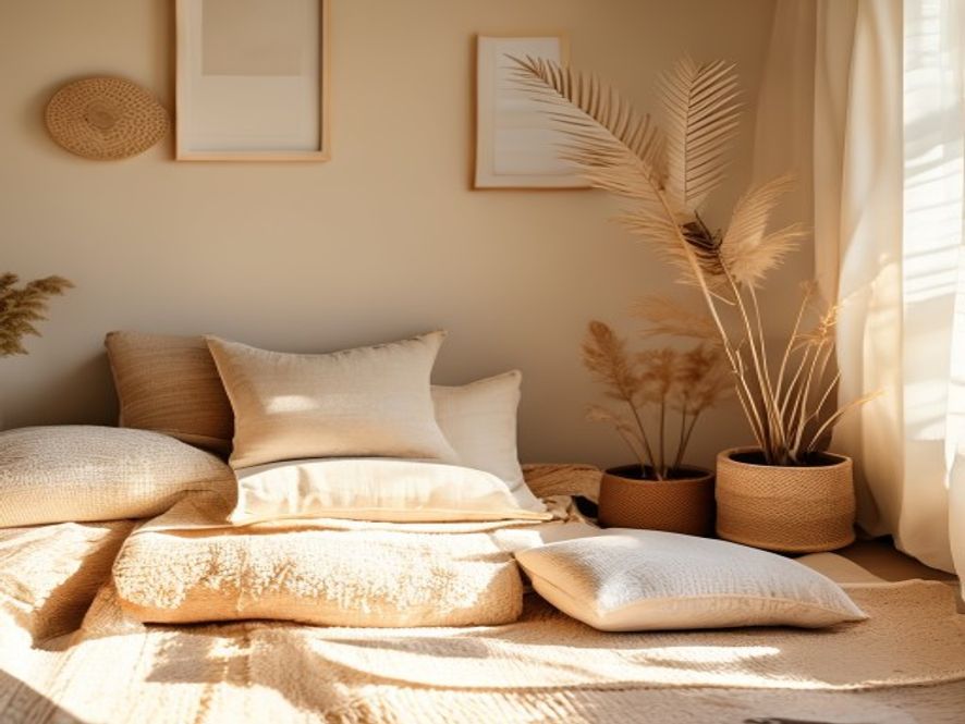 Minimalistisk meditasjonsrom med pute og planter